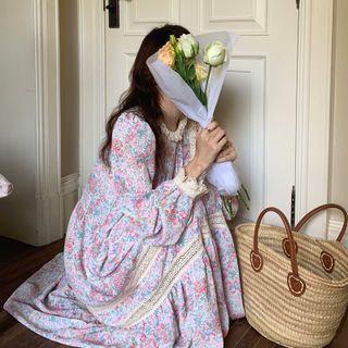 Long-sleeve Lace Trim Floral Midi Smock Dress Floral - Pink & Blue - One Size