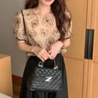 Short-sleeve Floral Printed Bow Back Top