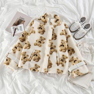 Faux Shearling Bear Print Zip Jacket