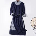 Set: Long-sleeve Striped Shirt Dress + Split-side Sweater