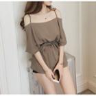 Elbow-sleeve Cold-shoulder Top With Sash