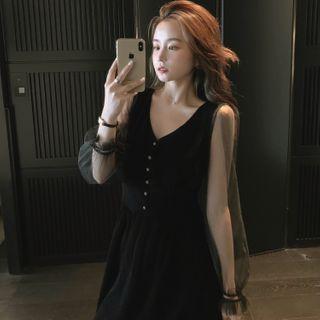 V-neck Mesh Panel Velvet Midi A-line Dress