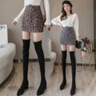 Zip-side Leopard Woolen Mini Skirt
