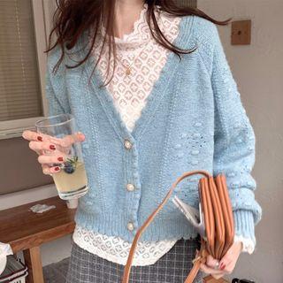 V-neck Ruffled Knit Cardigan + Lace Cut-out Top