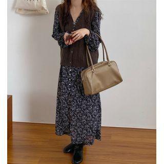Plain Knit Vest / Long-sleeve Floral Printed Midi Dress