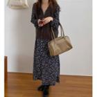 Plain Knit Vest / Long-sleeve Floral Printed Midi Dress