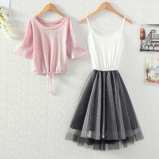 Set: Bell-sleeve Top + Mesh Strappy A-line Dress