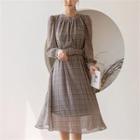 Shirred-front Plaid Dress With Belt
