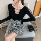 Long-sleeve Chained Top / Zebra Print A-line Mini Skirt