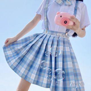 Plaid Pleated Mini A-line Skirt / Suspender / Short-sleeve Shirt / Ribbon Bow Tie / Set