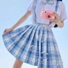 Plaid Pleated Mini A-line Skirt / Suspender / Short-sleeve Shirt / Ribbon Bow Tie / Set