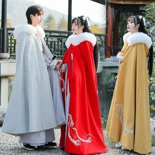 Faux Fur Trim Embroidered Hooded Hanfu Cape