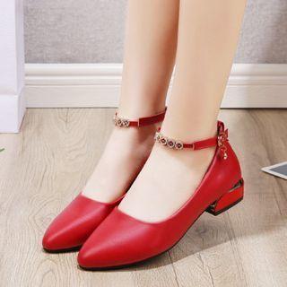 Block Heel Rhinestone Ankle Strap Pumps