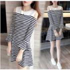 3/4-sleeve Cold-shoulder Striped Mini A-line Dress