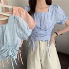 Square-neck Drawstring Plaid Cropped Blouse