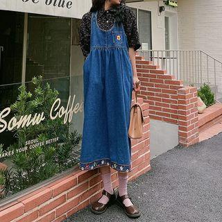 Floral Embroidered Midi Denim Overall Dress