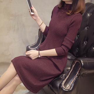 Long-sleeve Buttoned Mock-neck Knit Dress