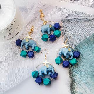 Wooden Elephant & Bead Hoop Earring