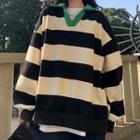 Polo-neck Striped Sweater Navy Blue - One Size