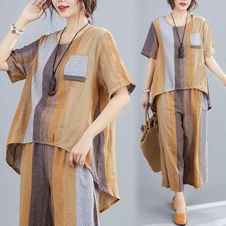Set : Color Block Striped Asymmetrical T Shirt + Wide-leg Pants