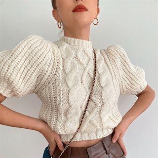 Short-sleeve Plain Cable-knit Sweater