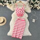 Set Of 2 : Suspender V-neck Cropped Top + High-waist Striped Knit Maxi Skirt