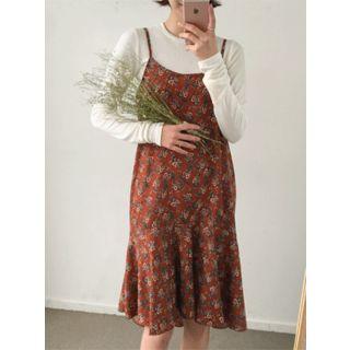 Spaghetti-strap Ruffle-hem Floral Midi Dress