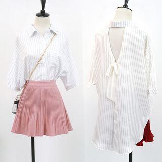 Open-back Striped Elbow-sleeve Shirt