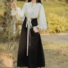 Set: Puff-sleeve Blouse + Lace-up Midi Skirt