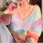 Rainbow V-neck Sweater Pink - One Size