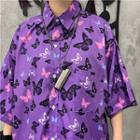 Butterfly Print Short-sleeve Shirt Purple - One Size