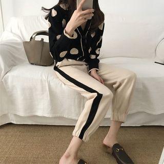 Set: Dotted V-neck Cardigan + Striped Cropped Harem Pants