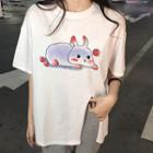 Elbow-sleeve Rabbit Print Slit T-shirt