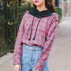 Mock Two-piece Cold Shoulder Plaid Hoodie Plaid - Red - One Size