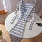 Set: Striped Cardigan + Knit Maxi Sheath Dress Set Of 2 - Cardigan - Blue - One Size / Dress - Blue - One Size