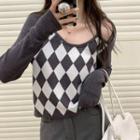 Mock Two-piece Cold-shoulder Checker Print Knit Top