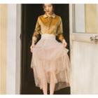 Set: Corduroy Shirt + Faux Pearl Mesh Midi Tiered Skirt