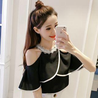 Lace Trim Shoulder-cutout Elbow-sleeve Chiffon Top