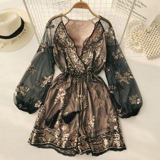 Long-sleeve Sequined Mesh Playsuit