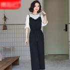 Elbow-sleeve Frill Trim Top / Spaghetti Strap Lace Trim Striped Wide-leg Jumpsuit / Set