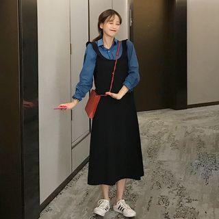Elbow-sleeve Texture Blouse / Ruffle Strap Midi A-line Dress