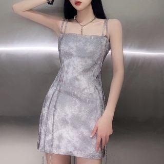 Spaghetti Strap Tie Dye Mini Dress Gray & White - One Size