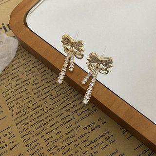 Bow Rhinestone Fringed Earring 1 Pair - Earring - Bow - Gold - One Size