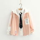 Cat Embroidered Contrast Color Hooded Jacket