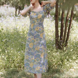 Flower Print Puff-sleeve Slit Midi A-line Dress