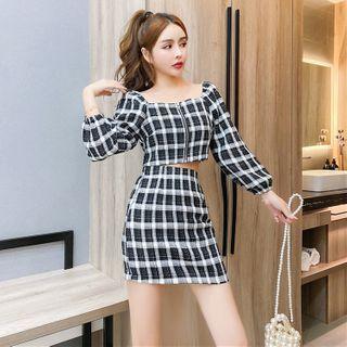 Set: Long-sleeve Plaid Cropped Blouse + Mini Pencil Skirt
