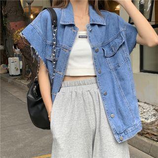 Short-sleeve Frayed Denim Shirt