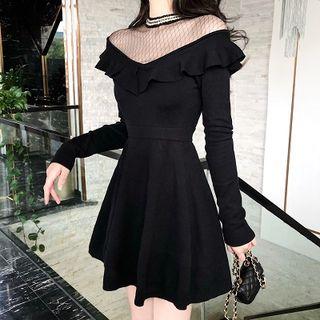 Plain Mesh Panel Ruffled Slim-fit High-waist A-line Long-sleeve Dress As Shown In Figure - One Size