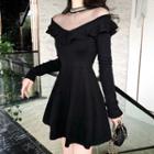 Plain Mesh Panel Ruffled Slim-fit High-waist A-line Long-sleeve Dress As Shown In Figure - One Size