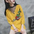 Flower Embroidered Lace Panel 3/4 Sleeve T-shirt